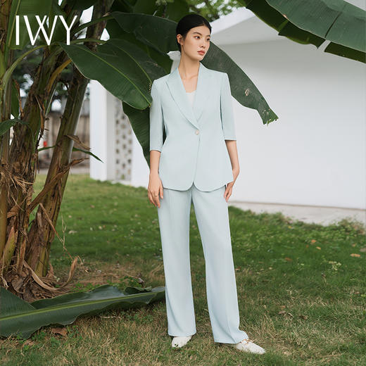 IWY/水蓝色西装套装宽松休闲七分袖高级通勤职装西服显瘦阔腿裤装C13512+P33512水蓝色 商品图1
