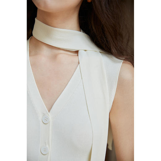 HeyDress飘带背心女夏季法式V领修身冰爽丝无袖上衣单排扣百搭T恤 商品图2