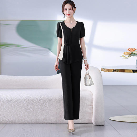 QYM A1825-Y时尚套装拼色雪纺裤上衣直筒裤两件套 商品图1
