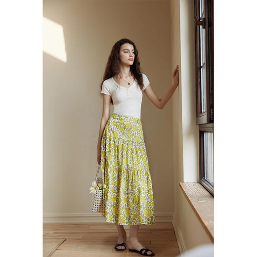HeyDress法式印花半身裙女春夏高腰宽松压褶A字裙优雅气质伞摆裙 商品图3