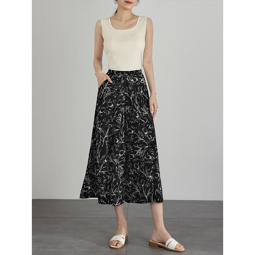 【专属特价】熙世界水墨花卉印花阔腿裤裙小个子八九分裤子高腰宽松夏季裙裤 商品图3