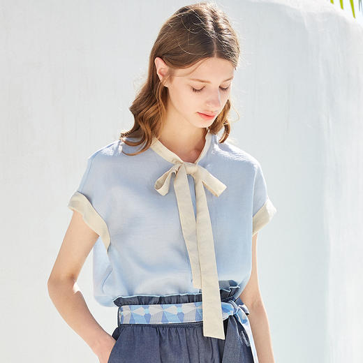 欧芮儿2019新款女装夏装系带蝴蝶结衬衫女宽松上衣女很仙的衬衣 商品图0