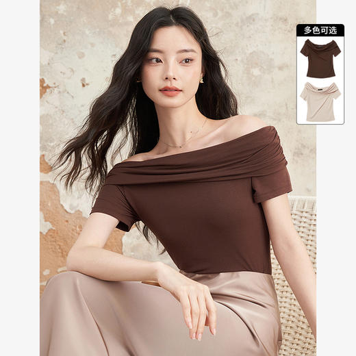 高级感气质不规则堆叠一字肩T恤女夏季扭结弹力短袖T恤V1441026 商品图0