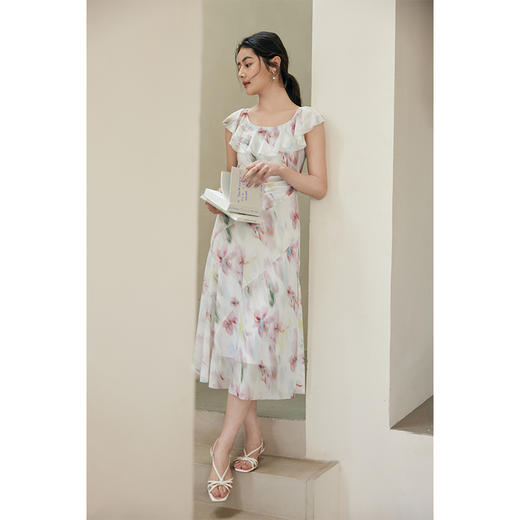 HeyDress荷叶领印花连衣裙女夏季法式U领修身弹力网纱浪漫裙子 商品图2