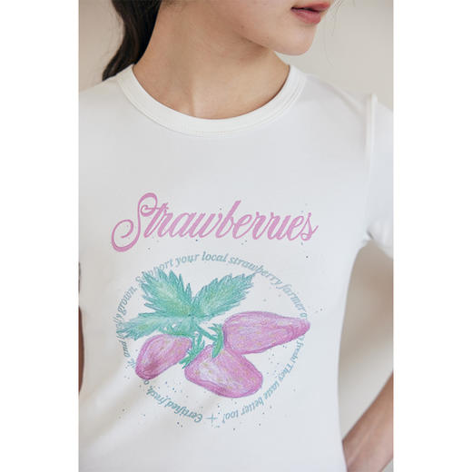 HeyDress草莓印花T恤女夏季圆领修身弹力半袖百搭辣妹短半袖上衣 商品图3