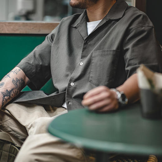 工装优选 日系复古巴领宽松短袖衬衫透气咔叽休闲男寸衣痞帅夏山系 商品图4