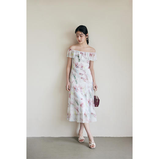 HeyDress荷叶领印花连衣裙女夏季法式U领修身弹力网纱浪漫裙子 商品图3