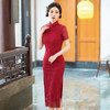 TQX403189红色蕾丝改良旗袍连衣裙女2024新款夏季显瘦复古年轻款过膝婚宴装 商品缩略图3