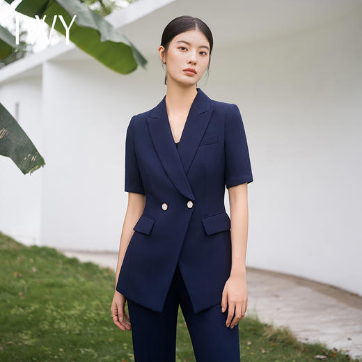 IWY/时尚藏青色西服套装宽松西装七分袖显瘦时尚高级版职业装裤装C13513+P33513藏青色 商品图4