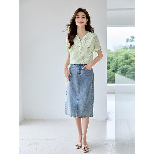 【专属特价】熙世界2025夏季新款薄荷曼波碎花雪纺衬衫女法式泡泡袖绿色小衫 商品图3