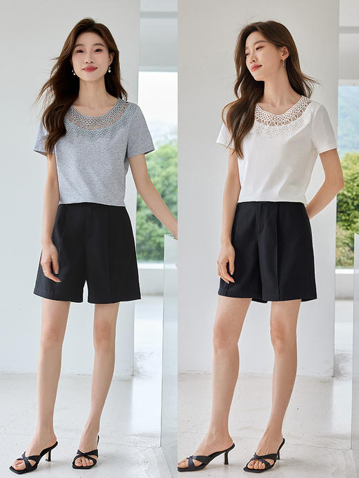 【专属特价】熙世界镂空蕾丝花纹圆领短袖T恤女气质时尚洋气小衫上衣2025夏 商品图2