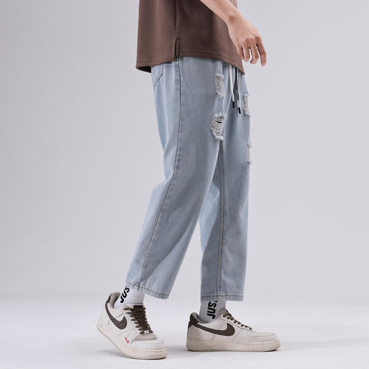 【九分裤】【新款DDJ】大依优型大码破洞牛仔裤松紧腰九分裤舒适休闲简约百搭加肥加大男装潮款 商品图1