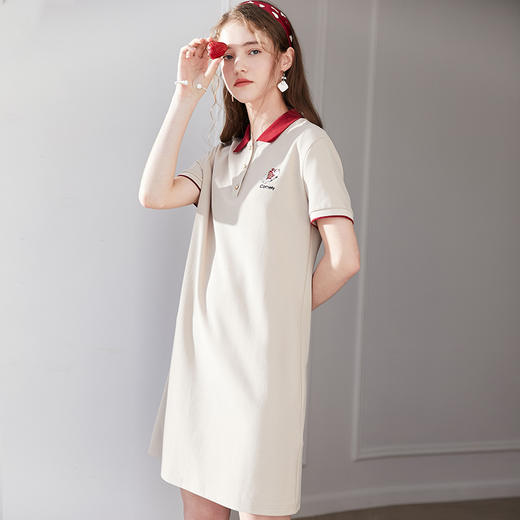 欧芮儿2019夏装新款学院风短袖刺绣连衣裙女中长款polo衫A字裙 商品图0