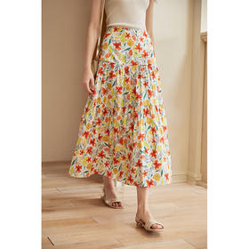 HeyDress法式印花半身裙女春夏高腰宽松压褶A字裙优雅气质伞摆裙