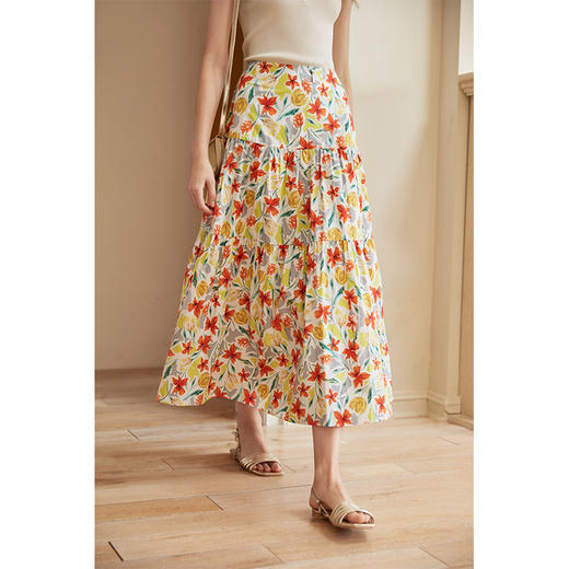 HeyDress法式印花半身裙女春夏高腰宽松压褶A字裙优雅气质伞摆裙 商品图0