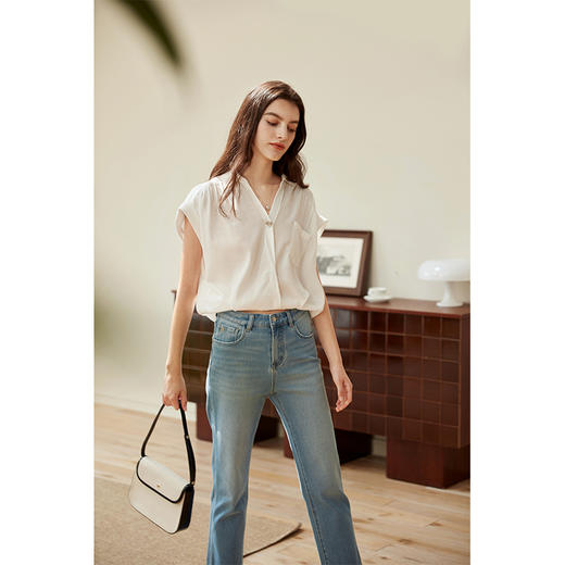 HeyDress一粒扣衬衫女夏季法式复古翻领落肩短袖衬衣通勤短款上衣 商品图0