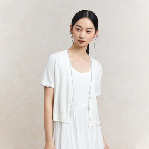 Famecoco范可儿植物刺绣针织开衫女夏纯棉短袖v领外套FAC3DE005 商品图1