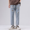 【九分裤】【新款DDJ】大依优型大码破洞牛仔裤松紧腰九分裤舒适休闲简约百搭加肥加大男装潮款 商品缩略图0