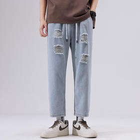 【九分裤】【新款DDJ】大依优型大码破洞牛仔裤松紧腰九分裤舒适休闲简约百搭加肥加大男装潮款