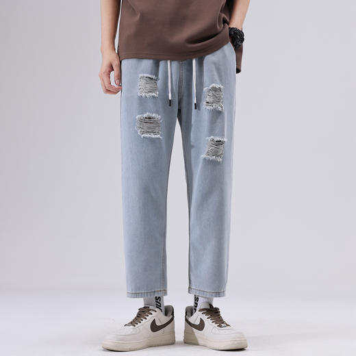 【九分裤】【新款DDJ】大依优型大码破洞牛仔裤松紧腰九分裤舒适休闲简约百搭加肥加大男装潮款 商品图0