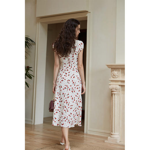 HeyDress玫瑰印花连衣裙女夏季法式V领收腰设计感度假浪漫碎花裙 商品图3