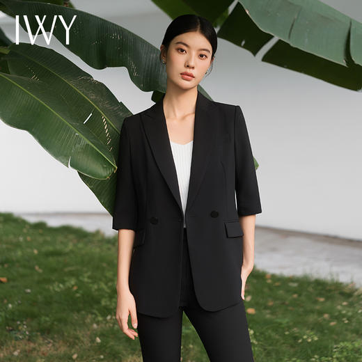 IWY/宽松休闲黑色色西装套装七分袖宽松通勤商务高级职场西服外套C13510+P33510黑色 商品图4