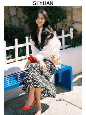 【波点长款鱼尾人丝半裙】25早秋人丝混棉度假休闲风半身裙女7509（货号：24sy7509bq）