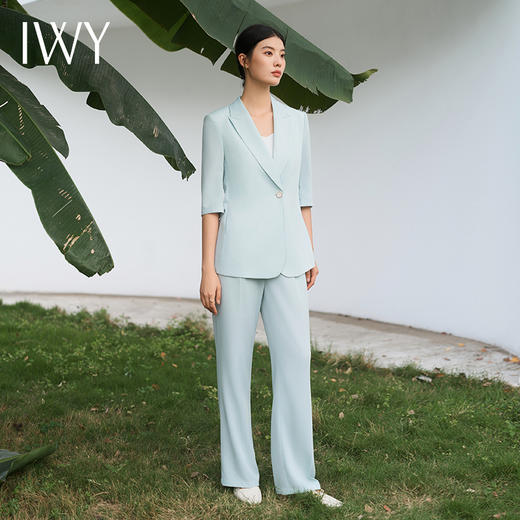 IWY/水蓝色西装套装宽松休闲七分袖高级通勤职装西服显瘦阔腿裤装C13512+P33512水蓝色 商品图4