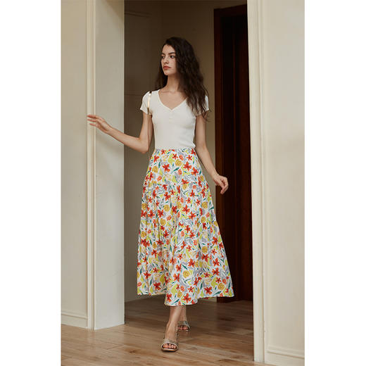 HeyDress法式印花半身裙女春夏高腰宽松压褶A字裙优雅气质伞摆裙 商品图1