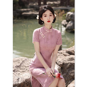 复古国风中长款，单丝麻短袖旗袍GX-13384