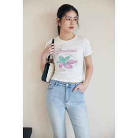 HeyDress草莓印花T恤女夏季圆领修身弹力半袖百搭辣妹短半袖上衣