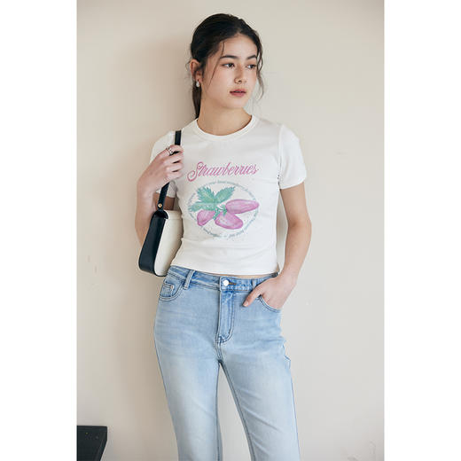 HeyDress草莓印花T恤女夏季圆领修身弹力半袖百搭辣妹短半袖上衣 商品图0