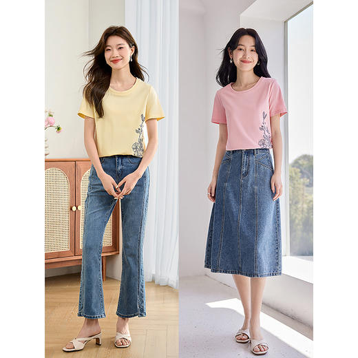 【专属特价】熙世界2025夏新款蝴蝶花卉绣花凉感T恤女短袖休闲独特圆领上衣 商品图3