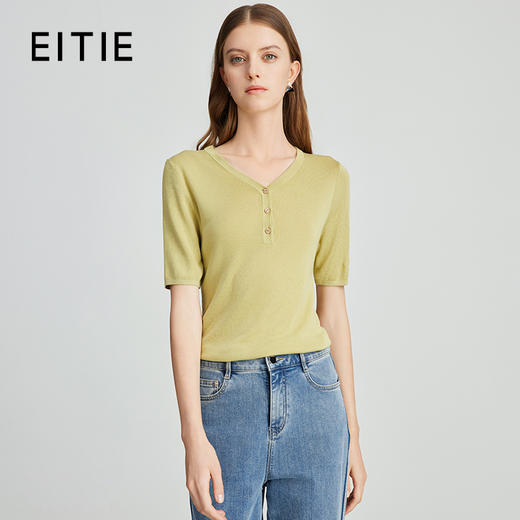 EITIE爱特爱夏季新款舒适轻薄莱赛尔蚕丝短袖V领纯色针织T恤B2401330 商品图1