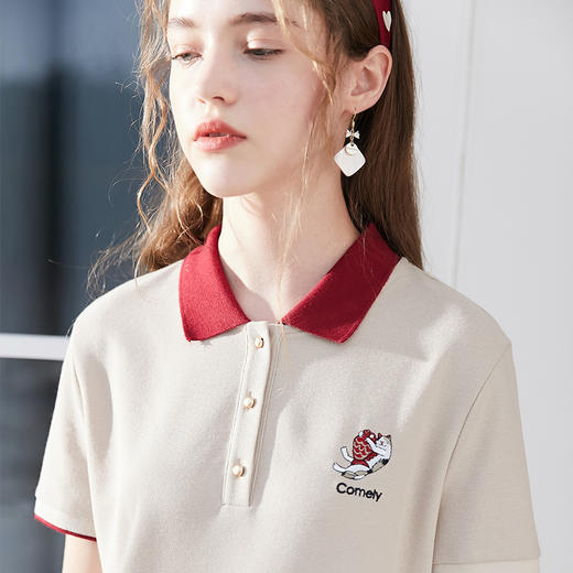 欧芮儿2019夏装新款学院风短袖刺绣连衣裙女中长款polo衫A字裙 商品图2