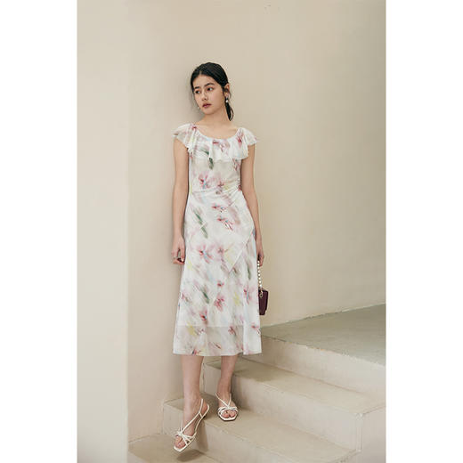 HeyDress荷叶领印花连衣裙女夏季法式U领修身弹力网纱浪漫裙子 商品图0