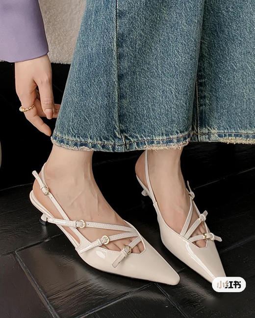 现货 THS 5.18-限时 缪家 女士小尖头漆皮 优雅绑带猫跟穆勒凉鞋 4色 BZ1176 商品图4