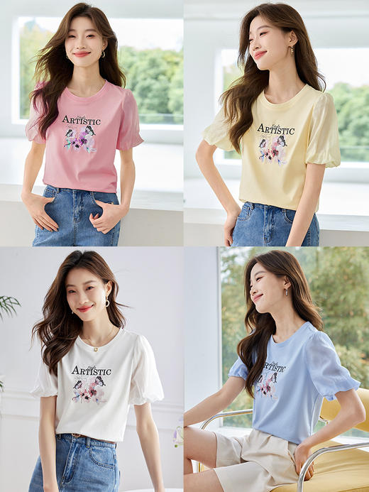 【专属特价】熙世界甜美减龄蝴蝶字母印花T恤宽松泡泡袖别致上衣2025夏新款 商品图4