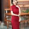 TQX403189红色蕾丝改良旗袍连衣裙女2024新款夏季显瘦复古年轻款过膝婚宴装 商品缩略图1