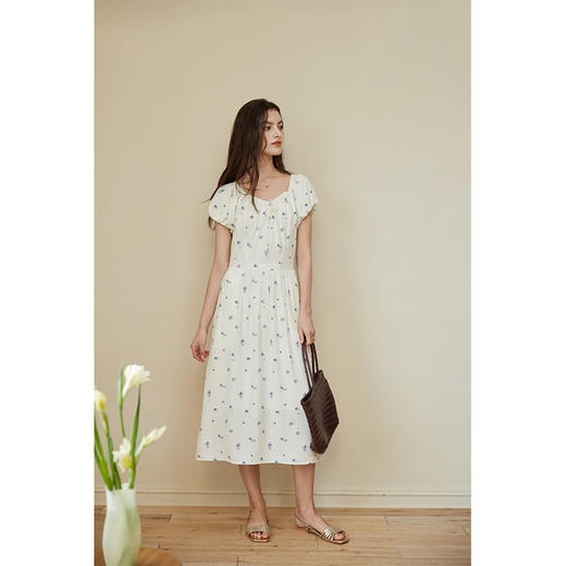 HeyDress蓝色印花连衣裙女夏季法式复古V领收腰设计泡泡袖裙子 商品图2