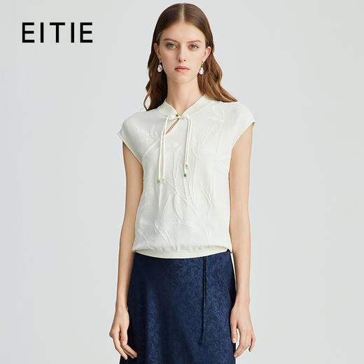 EITIE爱特爱夏新款中式盘扣兰草绣花淡雅温柔直筒针织衫上衣B2401326 商品图0