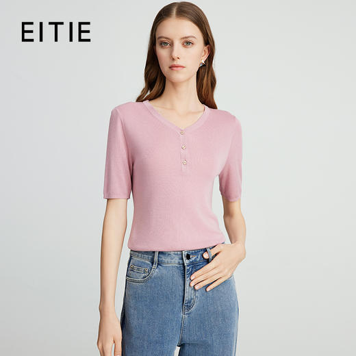 EITIE爱特爱夏季新款舒适轻薄莱赛尔蚕丝短袖V领纯色针织T恤B2401330 商品图0