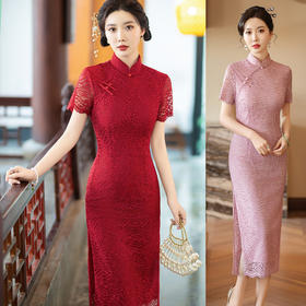 TQX403189红色蕾丝改良旗袍连衣裙女2024新款夏季显瘦复古年轻款过膝婚宴装