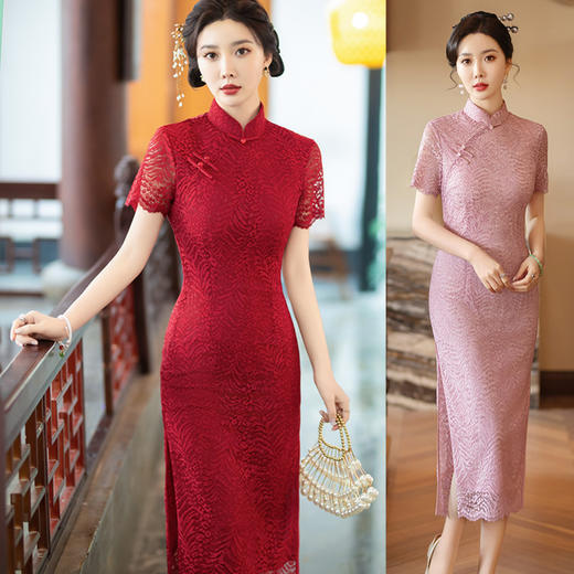 TQX403189红色蕾丝改良旗袍连衣裙女2024新款夏季显瘦复古年轻款过膝婚宴装 商品图0