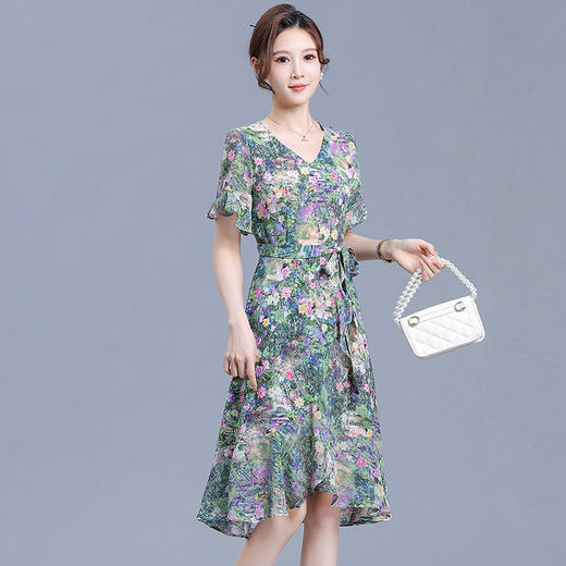 时尚不对称鱼尾裙，中长款印花连衣裙QYM-KED-6459-Y 商品图1