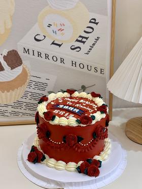 复古风深红色玫瑰花奶油定制 