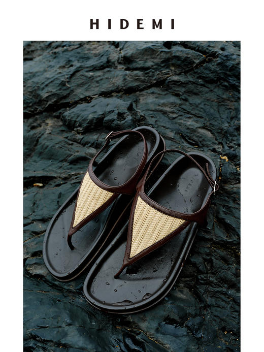 HIDEMI【董生活同款】度假系列草编拼皮极简人字三角形设计感夹脚厚底凉鞋 商品图0