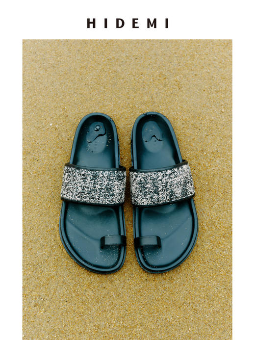 HIDEMI 度假系列草编拼皮夹脚不对称设计感厚底拖鞋 商品图0