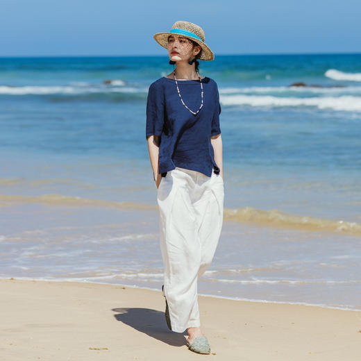 绽放旅行女装341朵/苎麻天丝圆领宽松文艺棉麻T恤上衣 商品图3