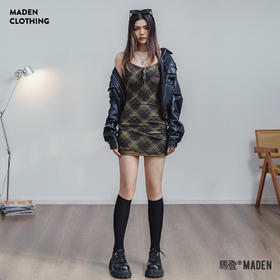 马登复古绿格子吊带裙休闲百搭V领连衣裙收腰设计拉链裙子夏季女